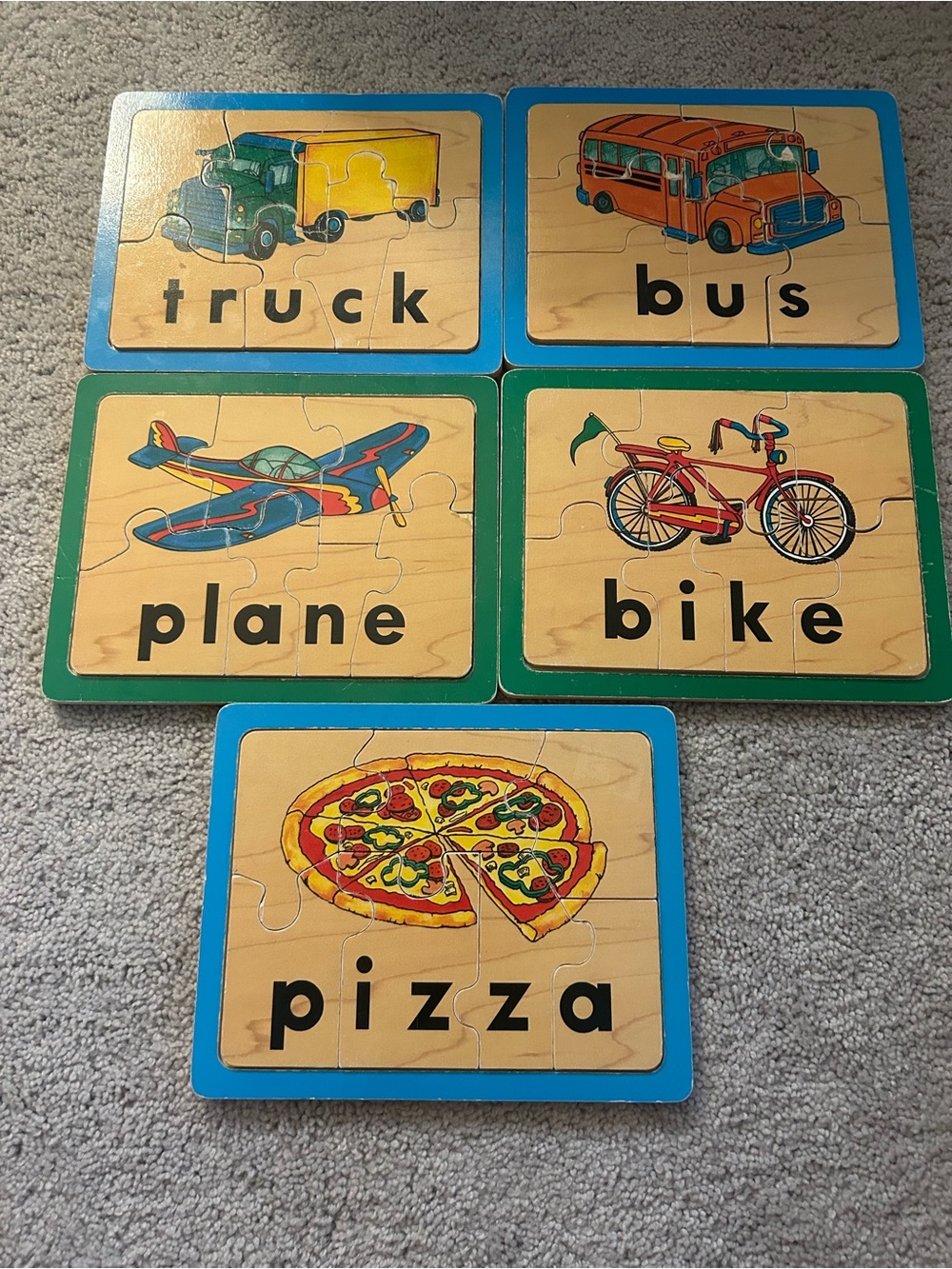Kids Wooden Puzzle Set - Vehicles & Food - Blue/Green 2003